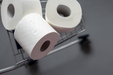 Gri arka planda bir süpermarket arabasında tuvalet kağıdı. Temizlik ve sağlık konsepti. Tuvalet kağıdı kıtlığı. Yukarıdan görüntüle.