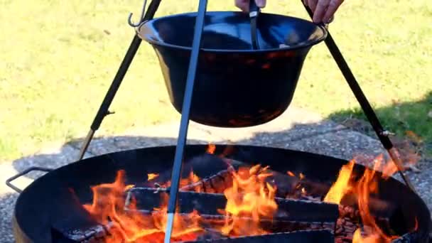 Camping Memasak Kaldron Wood Api Dan Kaldron Dengan Makanan Potongan — Stok Video