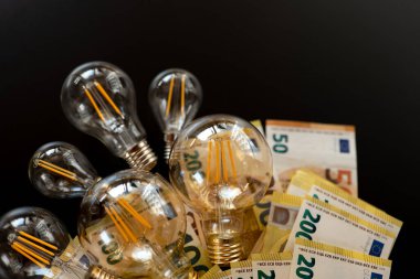Elektrik masrafı. Ampuller ayarlandı ve siyah arka planda euro banknotları var. Artan elektrik fiyatları. Siyah tebeşirde ampuller. Enerji krizi sembolü..