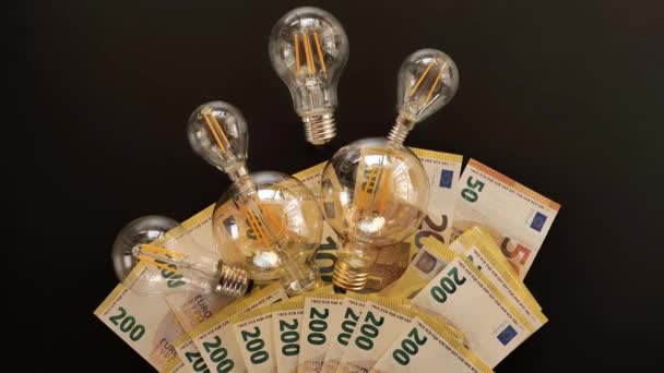 Pago Costes Electricidad Juego Lámparas Eléctricas Billetes Doscientos Euros Sobre — Vídeos de Stock
