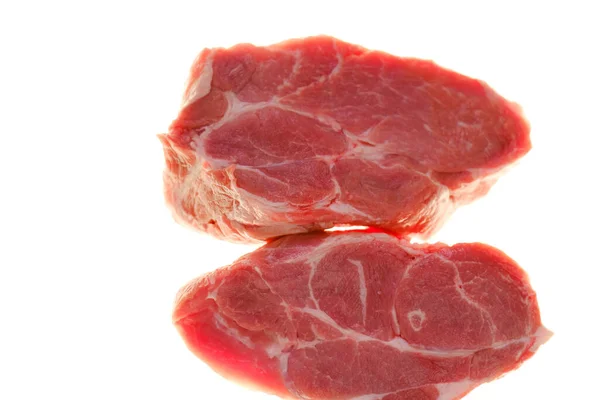 Stücke Gehackten Fleisches Großaufnahme Schweinefleisch Frische Fleischstücke Auf Weißem Hintergrund — Stockfoto