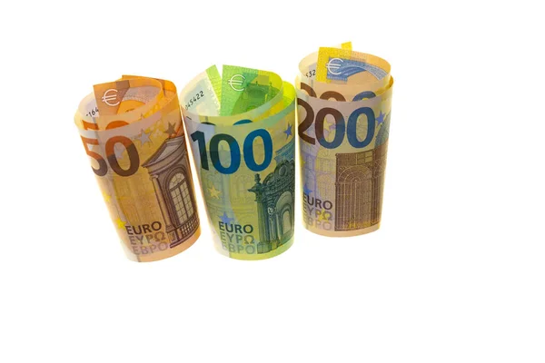 在白色背景下孤立的欧元货币特写 欧元现钞 货币和金融 欧洲联盟的欧元汇率 — 图库照片