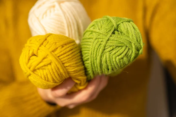 Knitting Hobby Skeins Yarn Various Colors Beige Colour Hands Mustard — стоковое фото