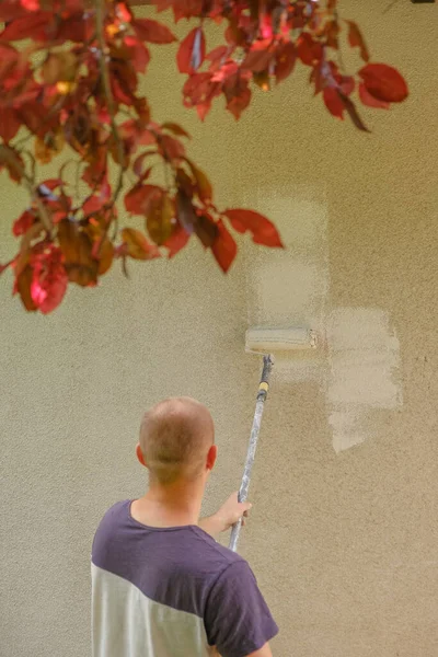 man paints a wall at home with a roller in beige tone. Construction and renovation.Repair work at home.man with a roller in his hands paints the wall of the house. wall painting.