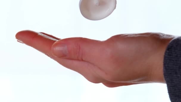 Hand Cream Hands Cream Tube White Blurred Background Slow Motion — Vídeos de Stock