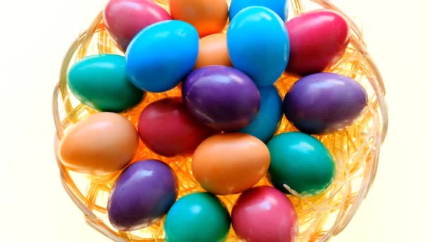 Easter Eggs Wicker Bowl White Background Spring Religious Holiday Footage — Wideo stockowe