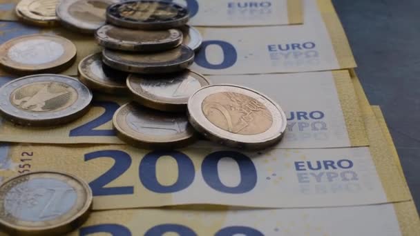 Euro Banknotes Euro Coins Close Smooth Approach Euro Currency Money — Vídeo de Stock