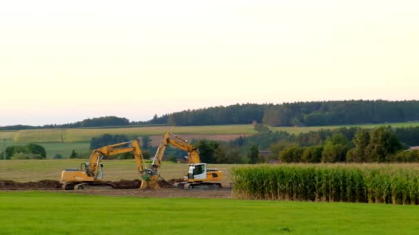Excavators Field Construction Machinery Construction Work Field Conducting Communications Private — Stock Video