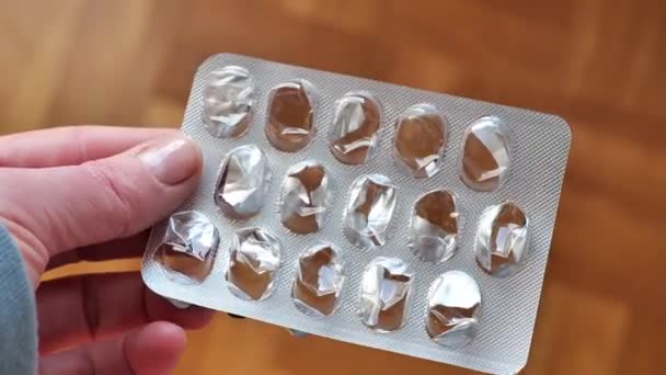 Empty Pill Box Empty Packaging Pills Female Hand Brown Floor — Stock video