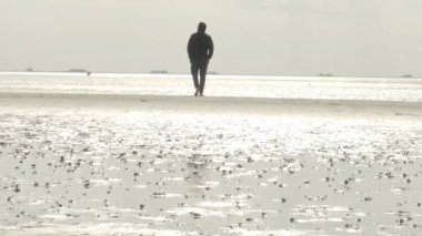 Wadden Sea. man silhouette in black goes into the distance.Fer Island. Frisian Islands of Germany.Watt dunes. Recreation and vacation at sea. 4k footage