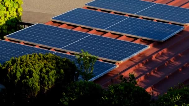 Солнечные Панели Крыше Гаража Зеленой Плантацией Возобновляемая Чистая Энергия Солнечного — стоковое видео