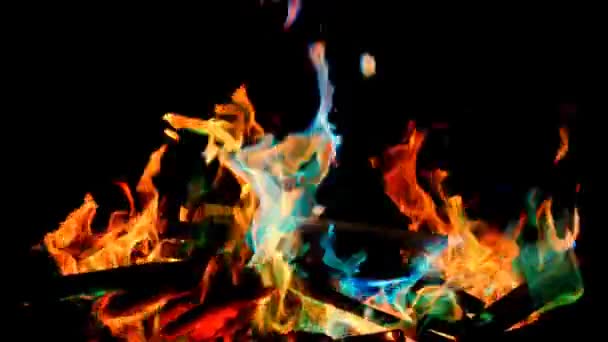 Magic Fire Multicolored Flames Sparks Dark Slow Motion Halloween Bonfire — Stock video