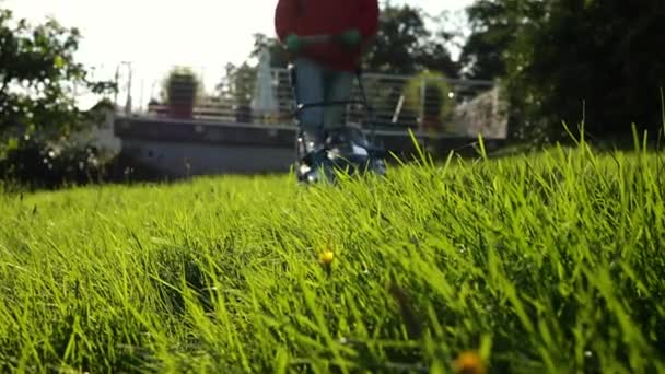 穿蓝色牛仔裤的人在他的前院里割草 绿色割草机在夏园里割草 4K镜头 — 图库视频影像