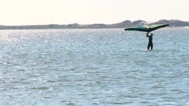 Windsurfer Girl Waterproof Suit Floats Surf Slow Motion Sea Recreation — Vídeos de Stock