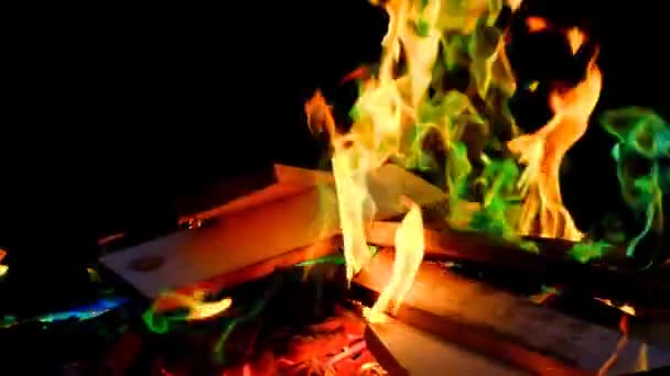 Sihirli Ateş Çok Renkli Alevler Karanlıkta Kıvılcımlar Geri Dön Yavaş — Stok video