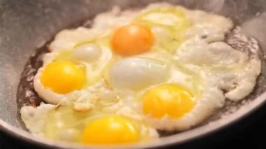 Kızarmış yumurta. Ayçiçeği yağında çırpılmış yumurta. Yumurtalar kızartma tavasına düşer ve dumanla kızarır. Yüksek kalite 4k görüntü