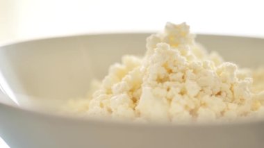 Süzme peynir tanecikleri beyaz bir fincana dökülüyor. Çiftlik Süt Ürünleri. Yüksek kalite 4k görüntü