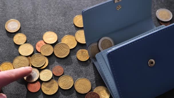 Antalet Euromynt Brist Inkomst Hand Samlar Eurocent Från Lila Plånbok — Stockvideo