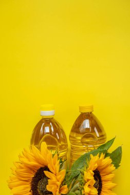 Ayçiçeği yağı. Yağ şişeleri, siyah ayçiçeği tohumları ve parlak sarı bir arkaplanda açan ayçiçekleri. Organik doğal tarım ayçiçeği yağı.. 
