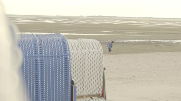ワッデン海の海岸曇りの日には子供がビーチで凧揚げをします ビーチアクティビティとレクリエーション 北海の城壁のビーチで凧 ドイツだ 4K映像 — ストック動画