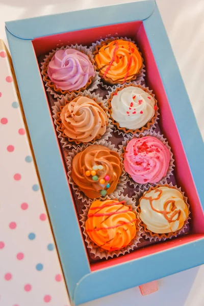 Söta Pastries Cupcakes Blandade Med Färgglada Grädde Som Vit Bakgrund — Stockfoto