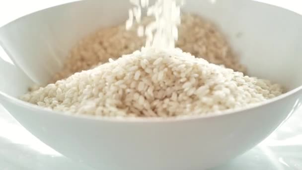 Руки Наливают Рис Миску Рисовая Тарелка Круглый Зерно Белого Полированного — стоковое видео