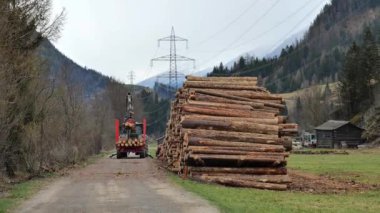 Günlük yükleyicisi günlükleri boşaltır ve istifler. Traktör, dağ yolundaki bir kazıkta yuvarlak kütükler yığıyor. Kütük kesiyor. 4k görüntü