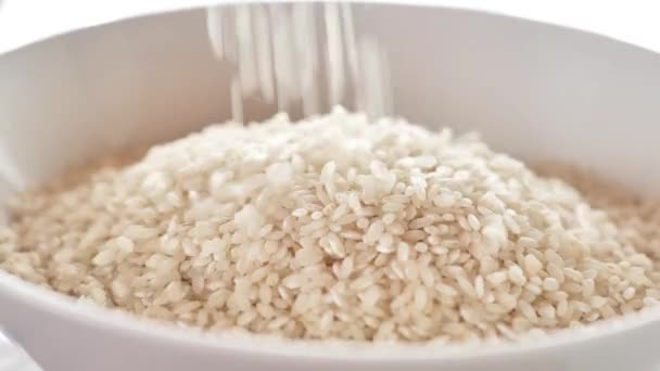 Bílá Rýže Nalít Misky Rýžová Deska Kulatozrnná Bílá Leštěná Rýže — Stock video