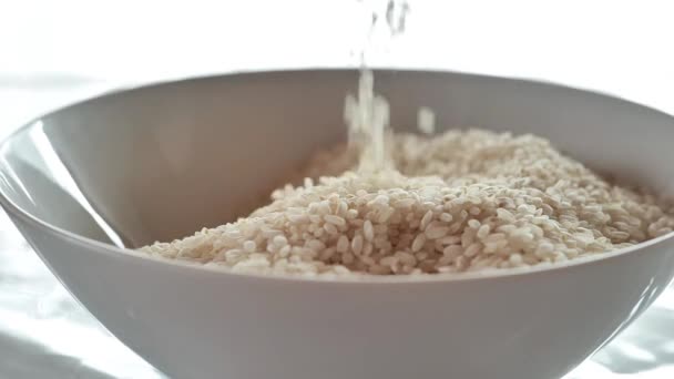 米粒白色慢慢地落在白板上 缓慢地运动 碳水化合物食物 保质期长的产品 高质量的4K镜头 — 图库视频影像