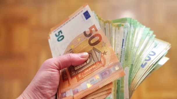 Paquete Dinero Primer Plano Hand Large Paquete Billetes Euros Fondo — Vídeo de stock