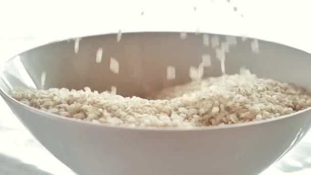 手把饭倒进碗里 慢动作圆粒白抛光米缓缓掉进白盘 寿命长的产品 碳水化合物食物 4K镜头 — 图库视频影像