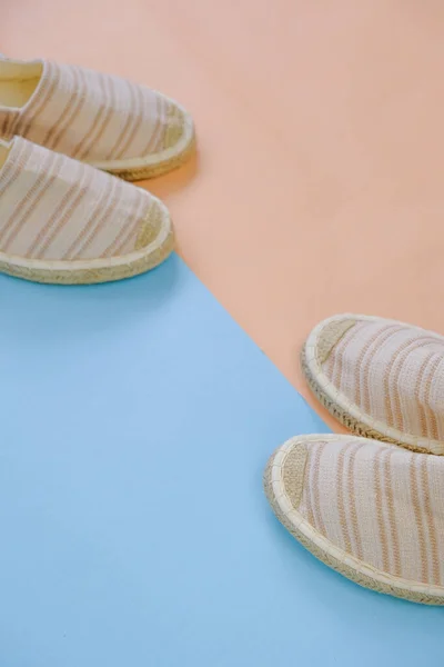 Espadrilles Shoes Pair Beige Blue Background Summer Shoes Light Beige — Stock Photo, Image