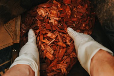 Bahçedeki toprağı çimdikliyorum. Eller torbadan kahverengi odun parçaları topluyor. Bahçe için dekoratif cipsler..