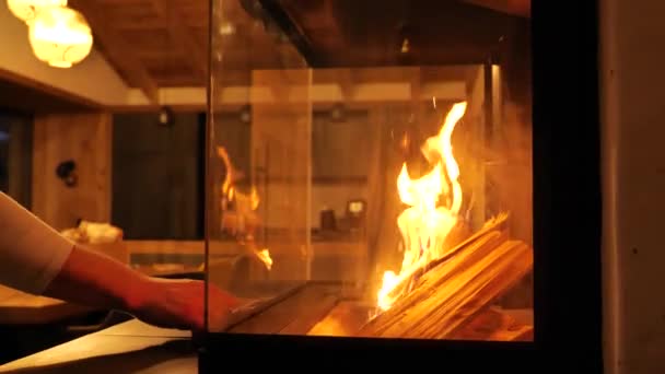 暖炉の火だ 居心地の良い部屋の背景に暖炉 ゆっくりとした動き暖かい居心地の良い家庭の雰囲気 高品質4K映像 — ストック動画