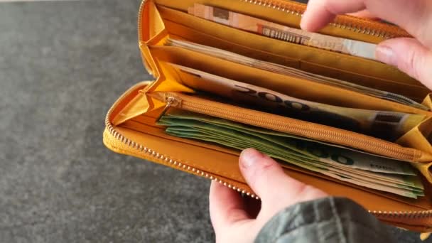 お金を数える 手は黄色の財布に銀行券を並べ替えます 財布の中のお金 4K映像 — ストック動画