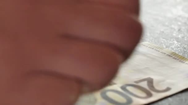 Двести Евро Купюры Руках Close Руки Пересчитывают Банкноты Столе Background — стоковое видео