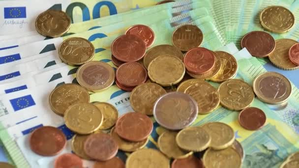 Євро Монети Лежать Банкнотах Євро Гроші Зворотному Боці Євро Центи — стокове відео