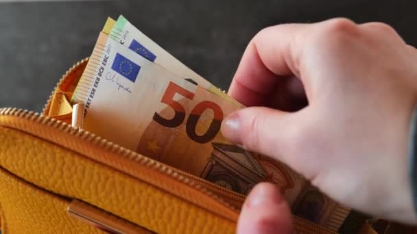 Counting Money Wallet Money Hand Takes Out Euro Bill Wallet — Stock Video