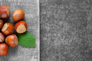  Olgun organik fındıklar. Gri tahta üzerinde fındıklar, arka planda gri tahta. Sağlıklı yağlar. - Evet. Taze fındık hasadı.