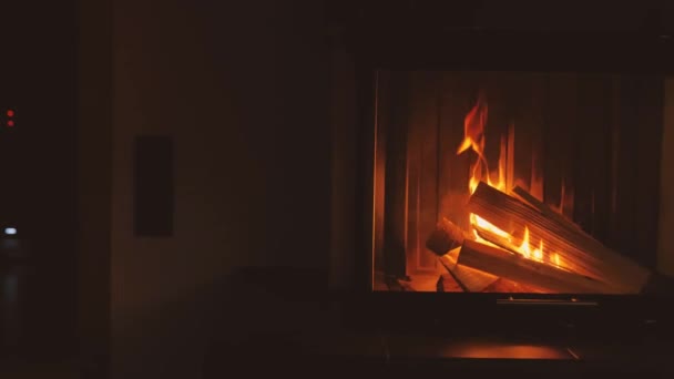 Égő Kandalló Egy Sötét Szobában Tűz Kandallóban Lassú Mozdulat Meleg — Stock videók