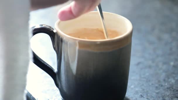 Coffee Cream Hand Stirs Cream Coffee Mugs Black Table Morning — Stock Video