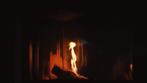 Burning Fireplace Dark Room Warm Cozy Home Atmosphere Flame Glass — Stock Video