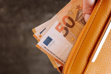 Cüzdandaki para. Para sayıyorum. El cüzdandan euro faturasını çıkarır. Avro bölgesinde kazançlar ve harcamalar.