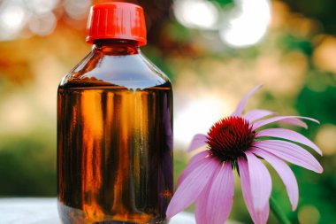 Ekinezya tütsüsü. Şifalı bitkisel tütsüler. Cam şişe ve ekinezya çiçeği. alternatif homeopati.