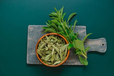 Stevia rebaudiana. Tatlı bitki. Stevia ahşap kaselerde kuru yapraklar ve koyu yeşil bir zemin üzerinde taze bitki dalları. Tatlı yaprak şekeri yerine..