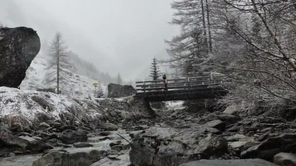 Podróżnik Plecakiem Spaceruje Moście Nad Górską Rzeką Śnieżnej Pogodzie Krajobraz — Wideo stockowe