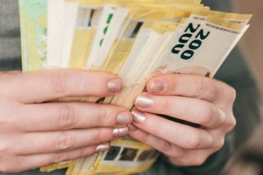 Avro parası. Kadınlar para sayıyor. Avrupa Birliği 'ndeki kadınlar maaş alıyor. Avro banknotlarını yakından sayıyor. Kadınların işi ve kazancı