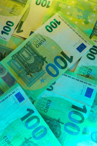 One Hundred Euro Bills Green Turquoise Light Inflation Money Countries — Stock Photo, Image