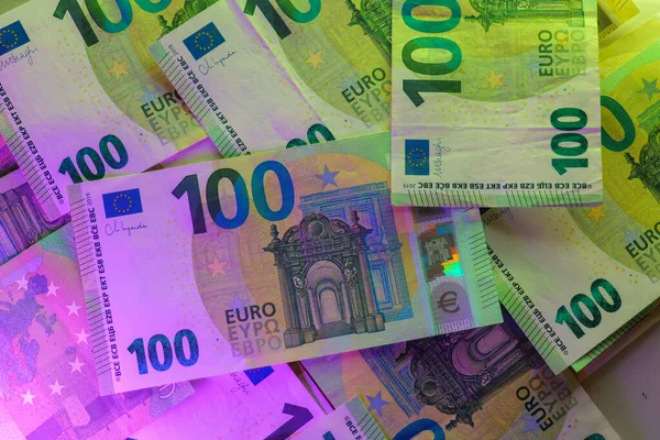Money Background Currency One Hundred Euro Bills Green Purple Light — Stock Photo, Image