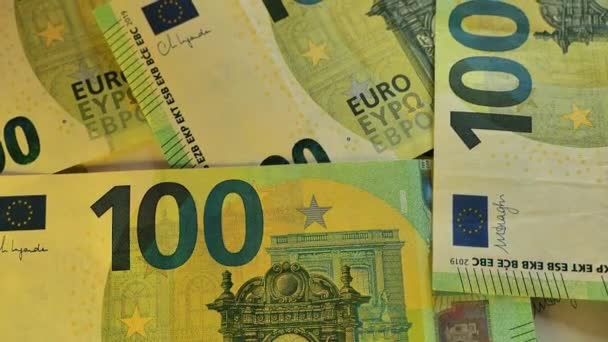 Hundert Euro Hintergrund Flackerndem Licht Eurokurs Der Europäischen Union Geldhintergrund — Stockvideo